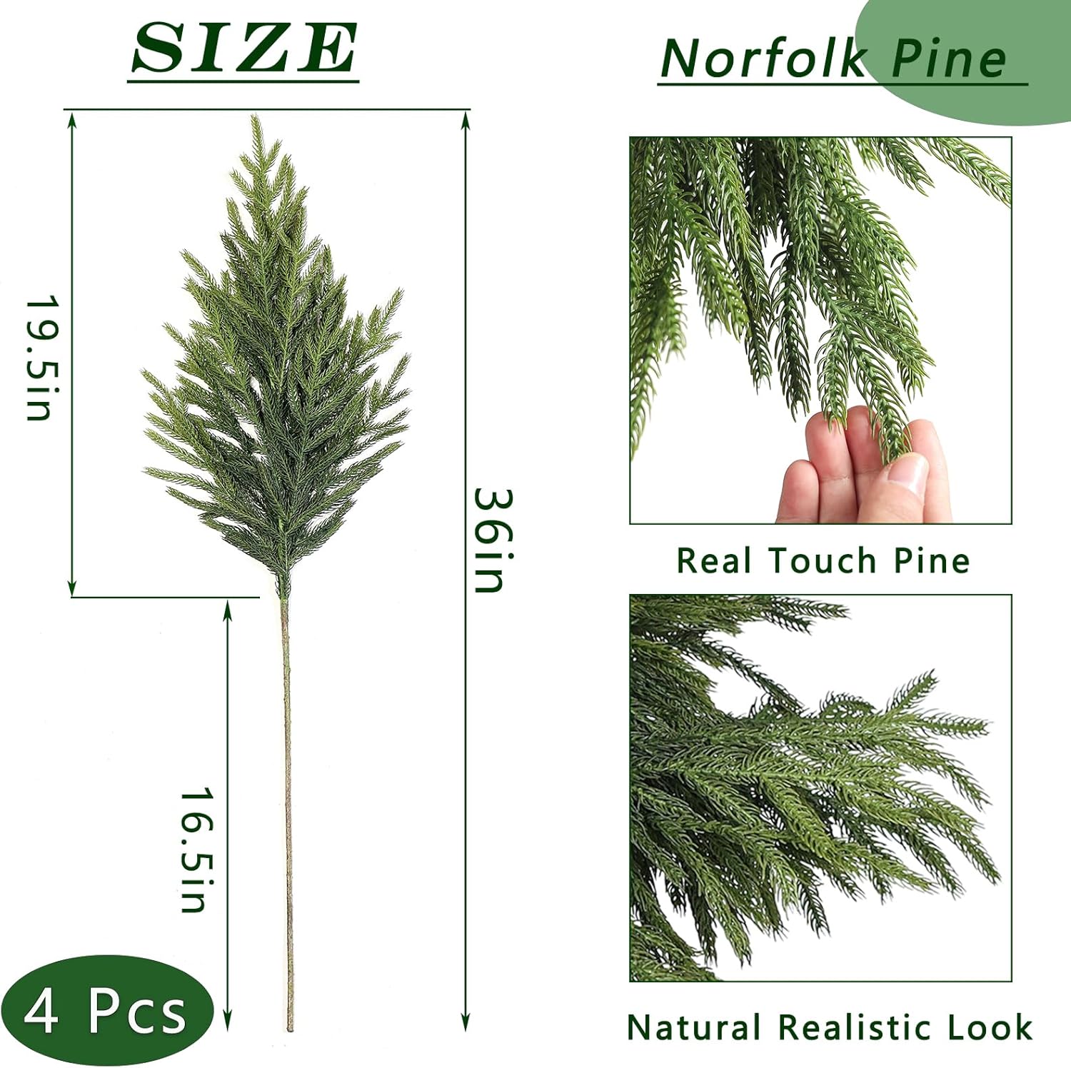 Real Touch Norfolk Pine Branch - 36 Artificial Christmas Green Plants Branches Faux Greenery Stem Fake Pine Picks for DIY Crafts Garland Wreath Xmas Indoor Outdoor Home Decor (4 Pcs)